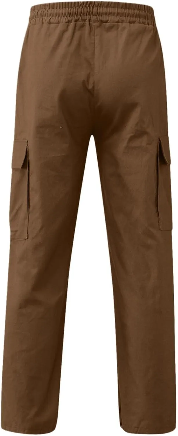 Men's Cargo Combat Pants Casual Linen Stretch Drawstring Pant Sweatpant Joggers Loose Fit Loungewear