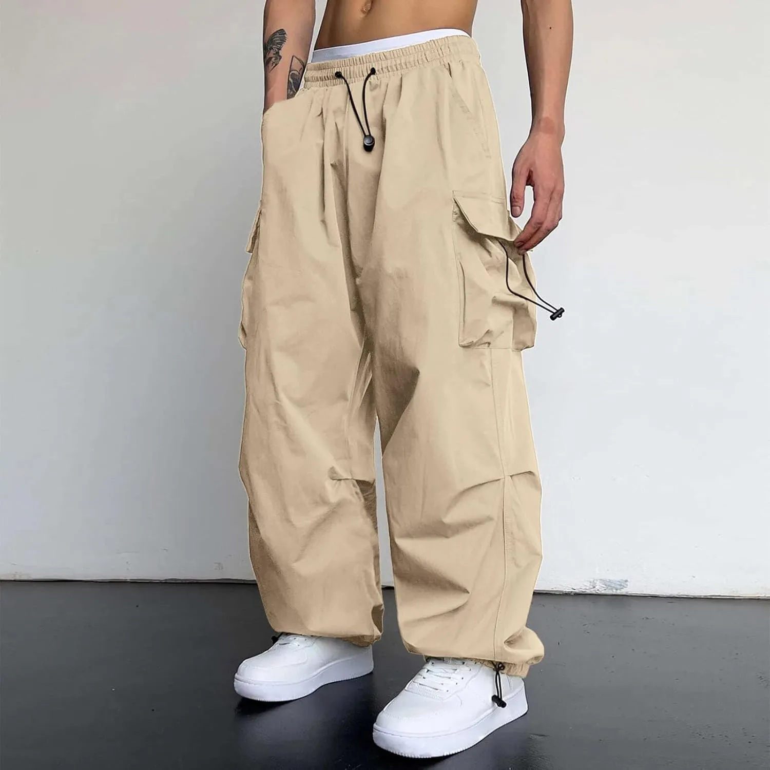 Men's Cargo Pants Casual Cotton Stretch Drawstring Waist Pant Outdoor Pants with Pockets
