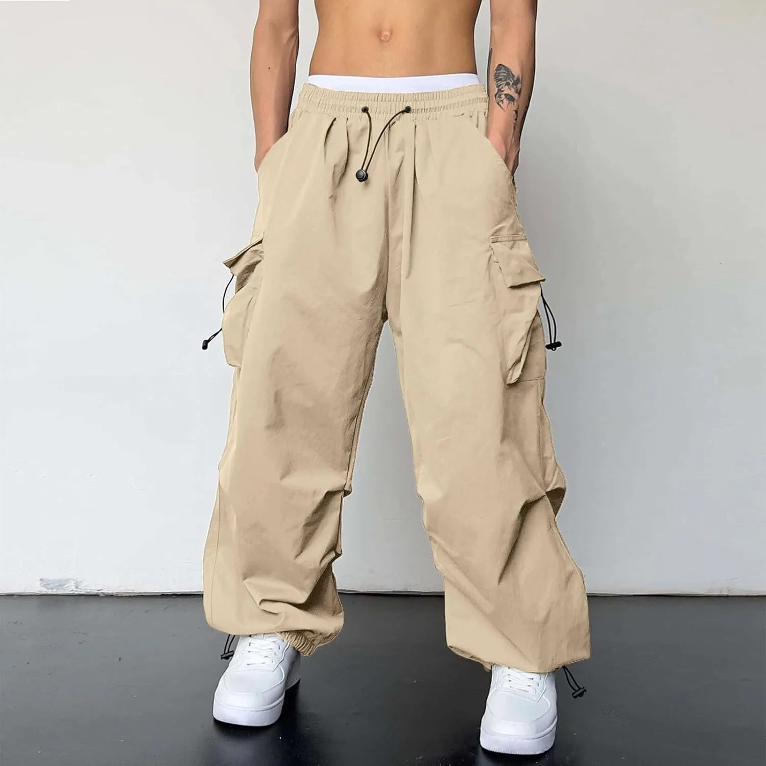 Men's Cargo Pants Casual Cotton Stretch Drawstring Waist Pant Outdoor Pants with Pockets