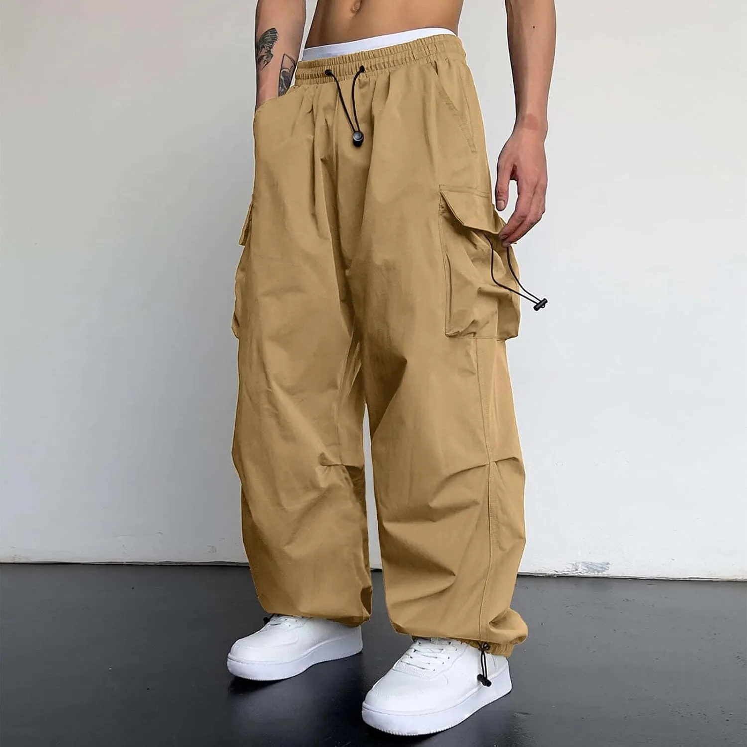 Men's Cargo Pants Casual Cotton Stretch Drawstring Waist Pant Outdoor Pants with Pockets