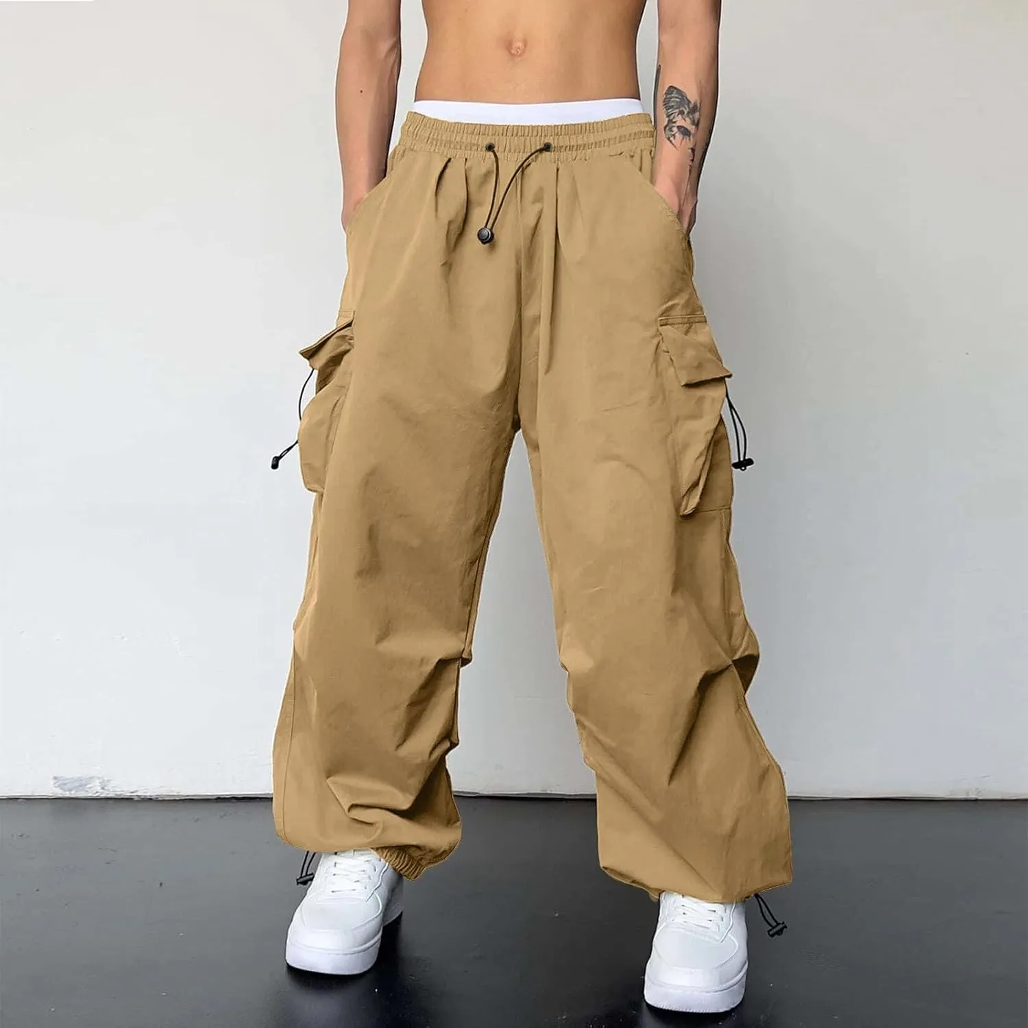 Men's Cargo Pants Casual Cotton Stretch Drawstring Waist Pant Outdoor Pants with Pockets
