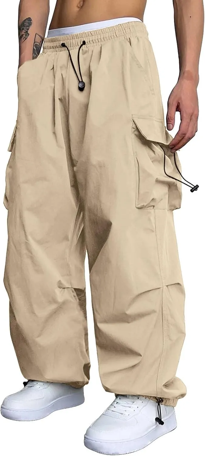 Men's Cargo Pants Casual Cotton Stretch Drawstring Waist Pant Outdoor Pants with Pockets