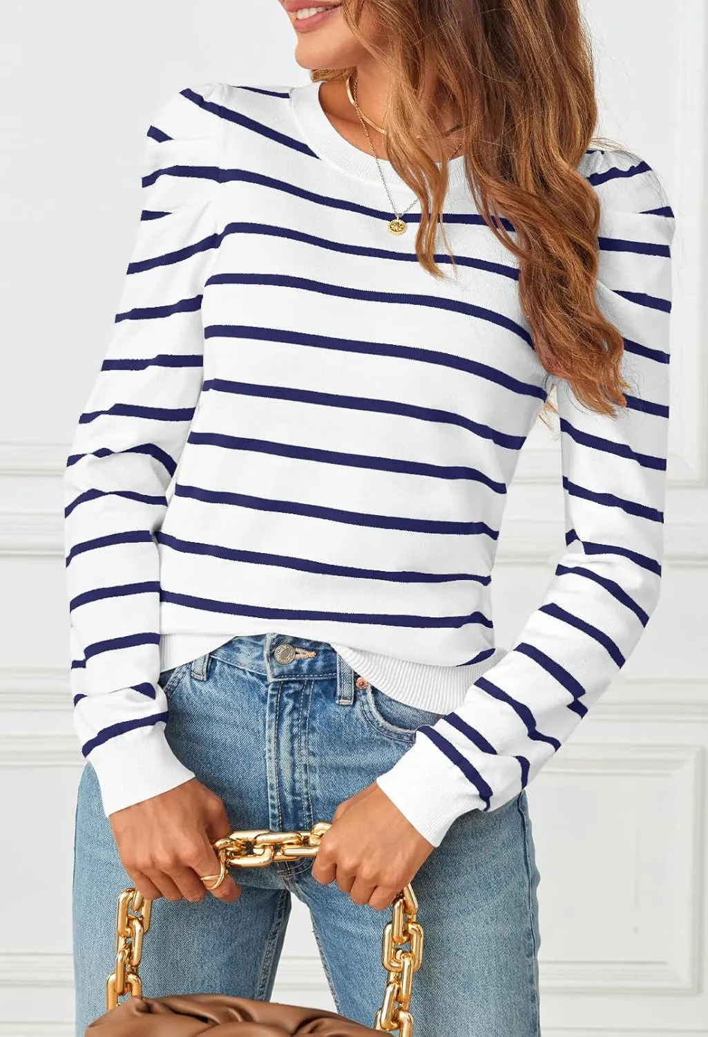 MEROKEETY Women's 2024 Striped Long Puff Sleeve Tops Casual Crew Neck Knit Pullover Sweaters Shirts