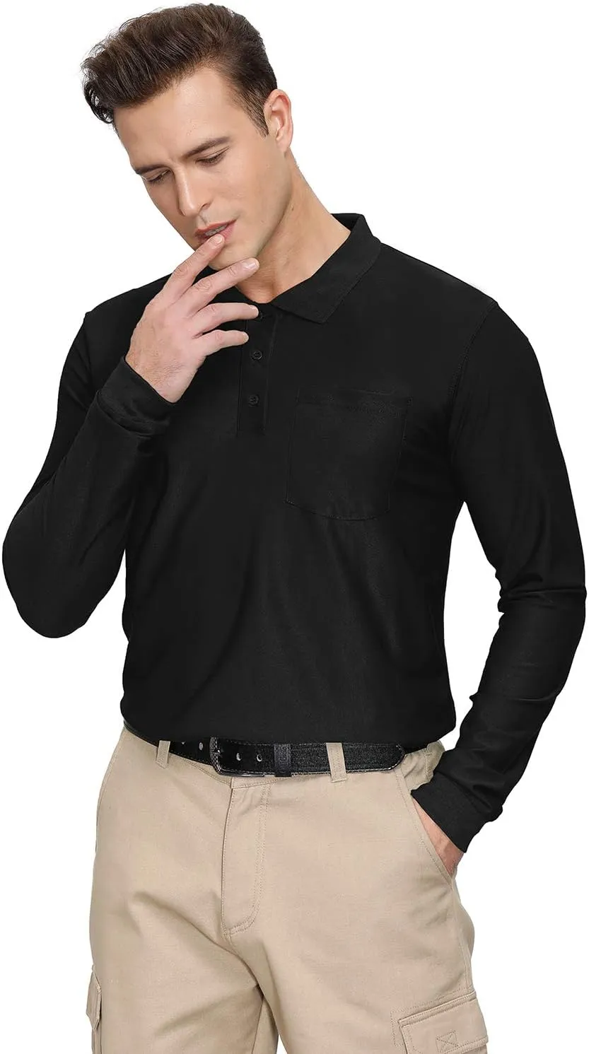 MOHEEN Men's Casual Solid Golf Shirts Outdoor Quick Dry Long Sleeve Moisture Wicking Performance Polo Shirt with Pocket