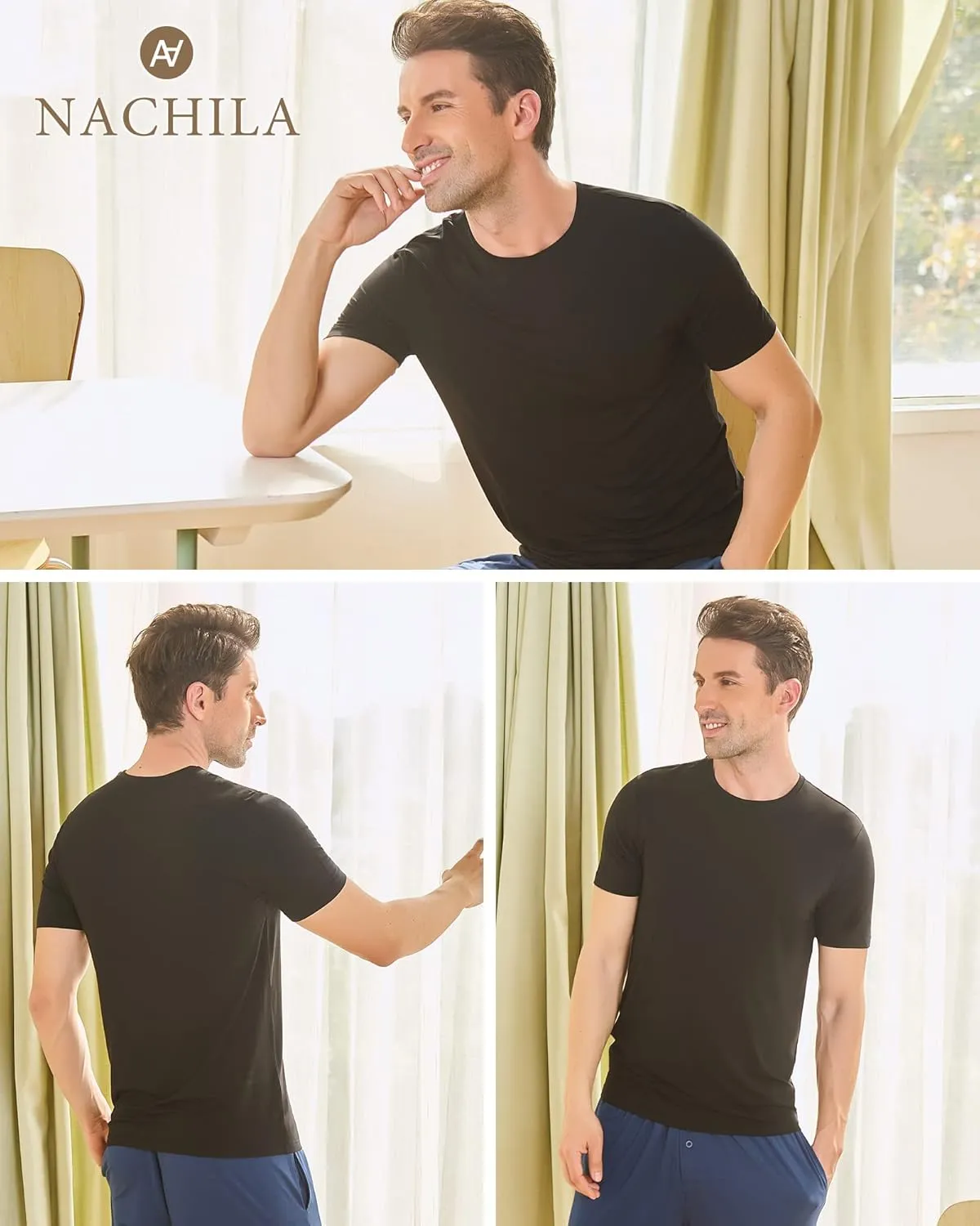 NACHILA Undershirts for Men- Viscose Made from Bamboo, 3 Pack Short Sleeve Tees Soft T-Shirts Comfy Loungewear Top