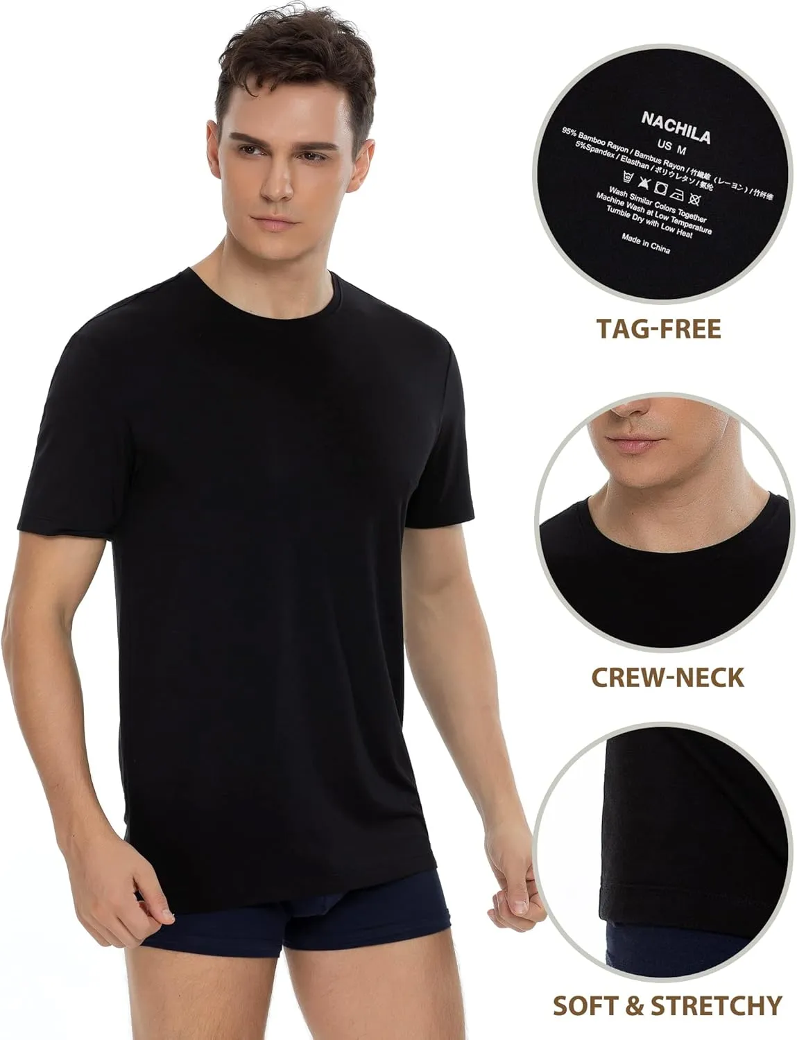 NACHILA Undershirts for Men- Viscose Made from Bamboo, 3 Pack Short Sleeve Tees Soft T-Shirts Comfy Loungewear Top