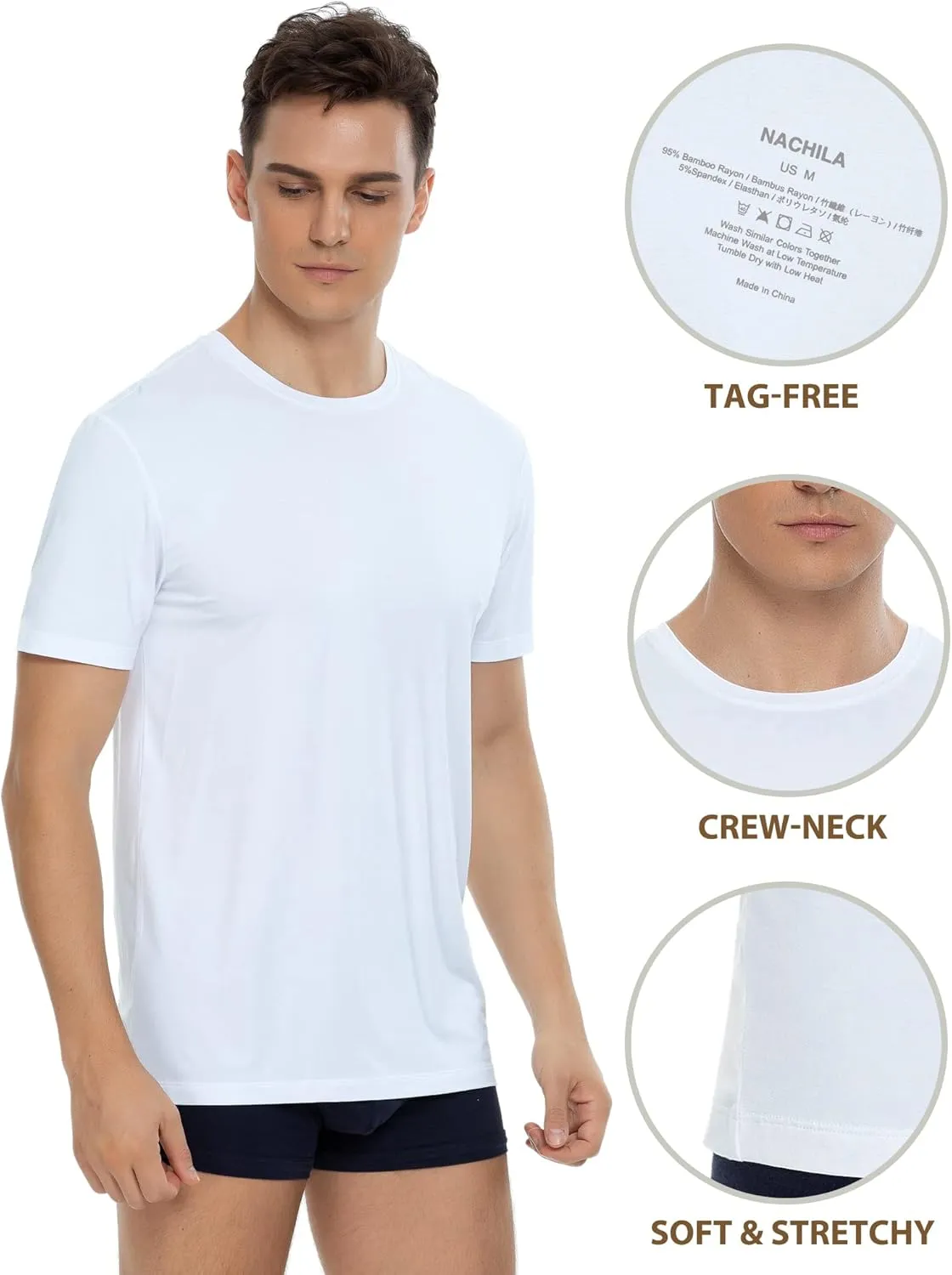 NACHILA Undershirts for Men- Viscose Made from Bamboo, 3 Pack Short Sleeve Tees Soft T-Shirts Comfy Loungewear Top