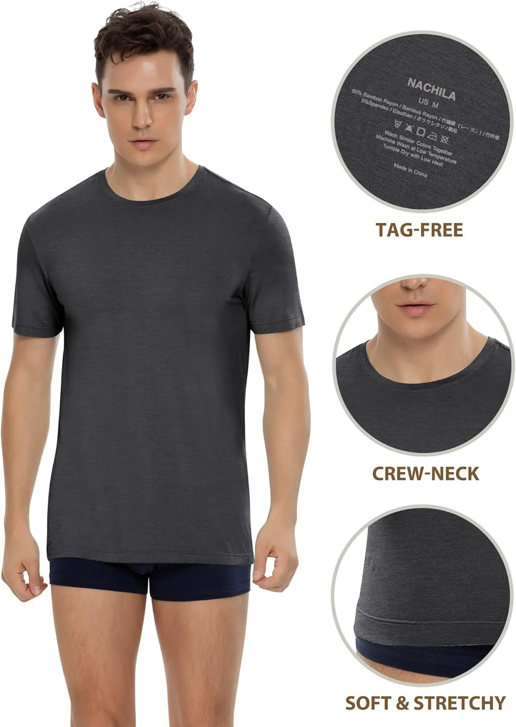 NACHILA Undershirts for Men- Viscose Made from Bamboo, 3 Pack Short Sleeve Tees Soft T-Shirts Comfy Loungewear Top