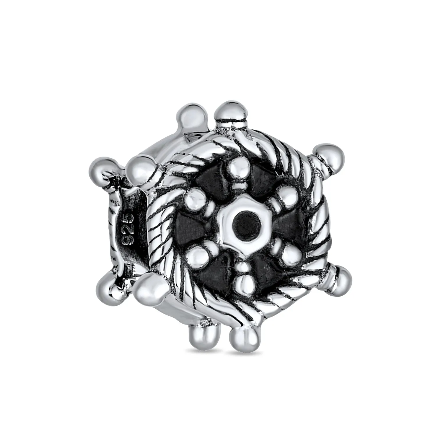 Nautical Boat Ship Wheel Charm Bead in Oxidized Sterling Silver for Bracelets