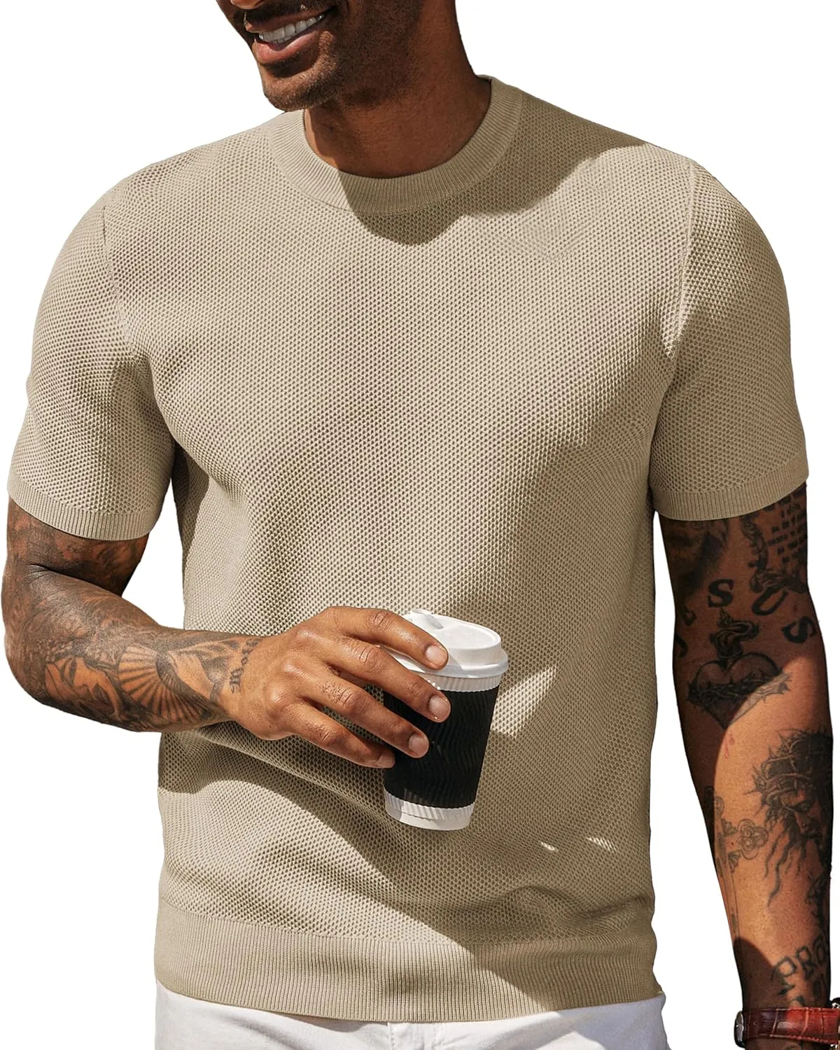 PJ PAUL JONES Men's T-Shirts Casual Knit Short Sleeve Crewneck Honeycomb Waffle Solid Knitted Pullover Tees