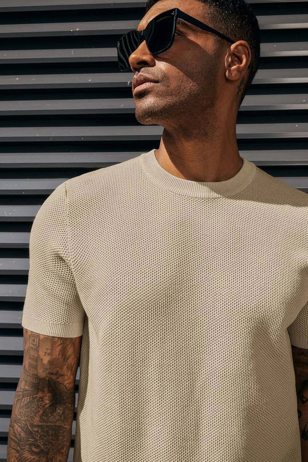 PJ PAUL JONES Men's T-Shirts Casual Knit Short Sleeve Crewneck Honeycomb Waffle Solid Knitted Pullover Tees