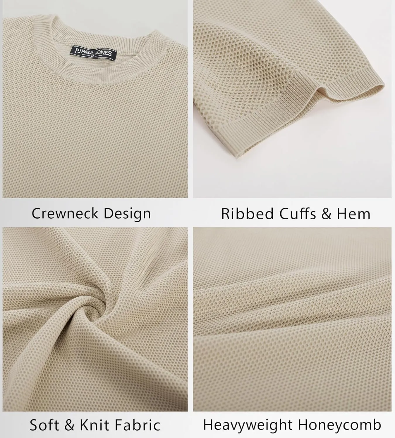 PJ PAUL JONES Men's T-Shirts Casual Knit Short Sleeve Crewneck Honeycomb Waffle Solid Knitted Pullover Tees