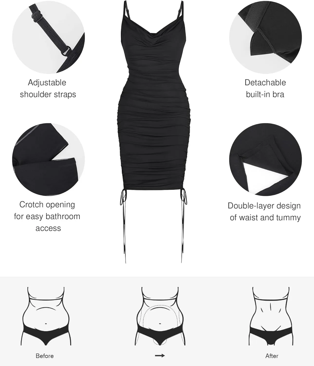 Popilush Corset Dress - Summer Club Outfits for Women Built in Bra Shapewear Drawstring Adjustable Ruched Mini Dresses