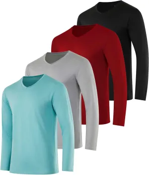 Real Essentials 4 Pack: Men's Dry Fit Long Sleeve V-Neck Active T-Shirt - Athletic Outdoor UPF 50  (Available in Big & Tall)