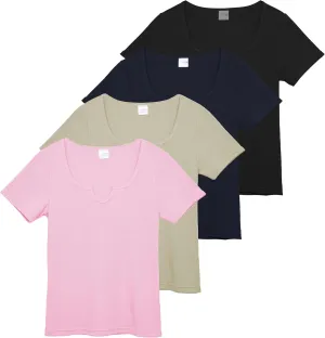 Real Essentials 4 Pack: Women's Soft Ribbed Knit Split Neck T-Shirt - Casual Office Summer Top (Available in Plus)