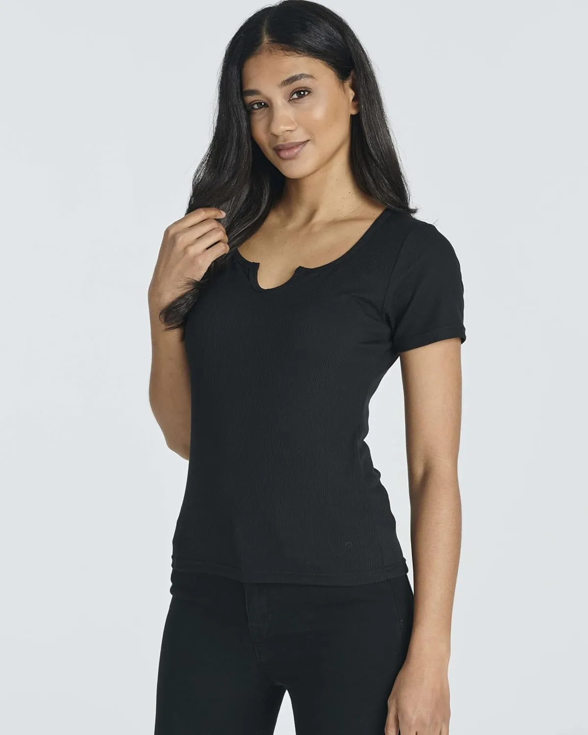 Real Essentials 4 Pack: Women's Soft Ribbed Knit Split Neck T-Shirt - Casual Office Summer Top (Available in Plus)