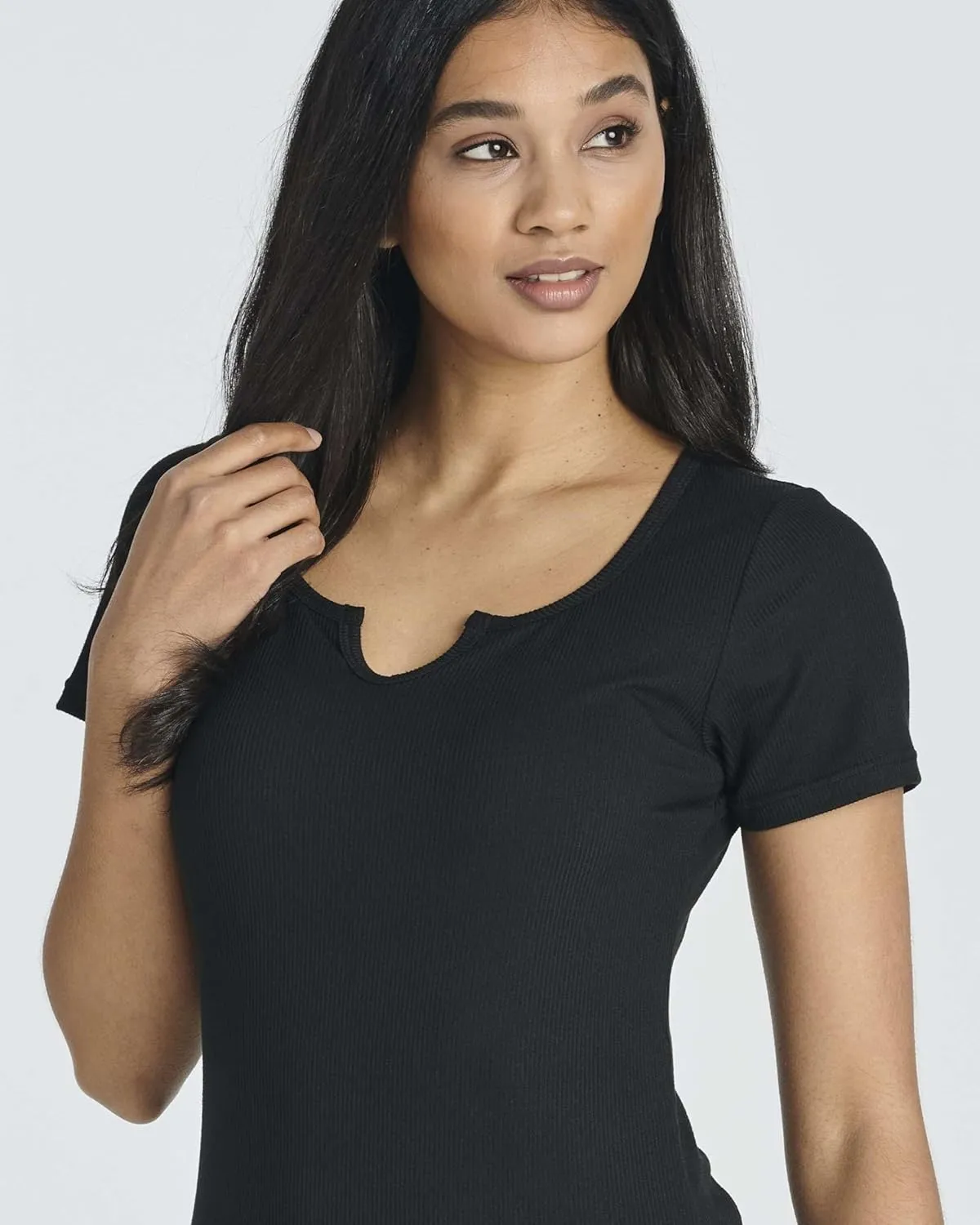 Real Essentials 4 Pack: Women's Soft Ribbed Knit Split Neck T-Shirt - Casual Office Summer Top (Available in Plus)