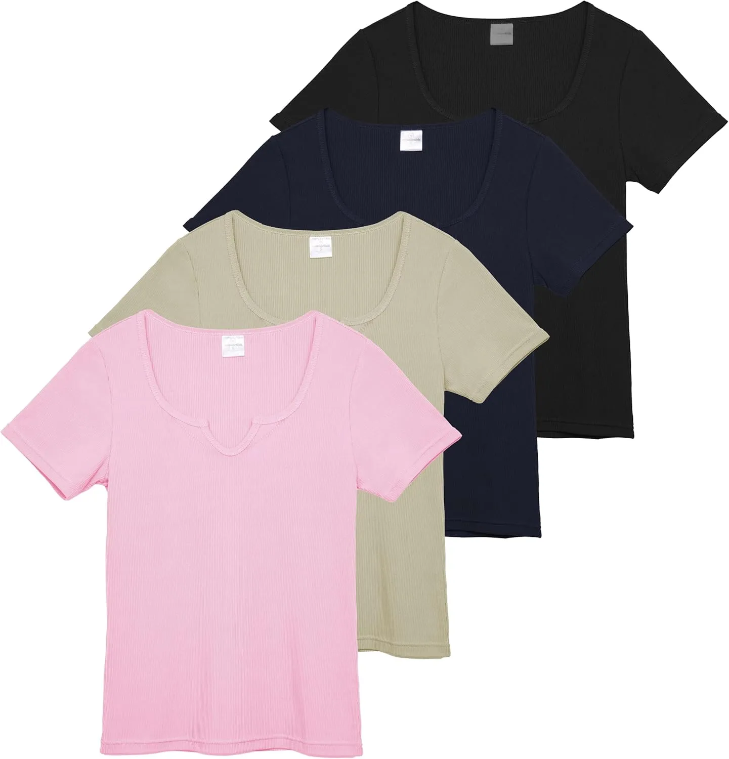 Real Essentials 4 Pack: Women's Soft Ribbed Knit Split Neck T-Shirt - Casual Office Summer Top (Available in Plus)