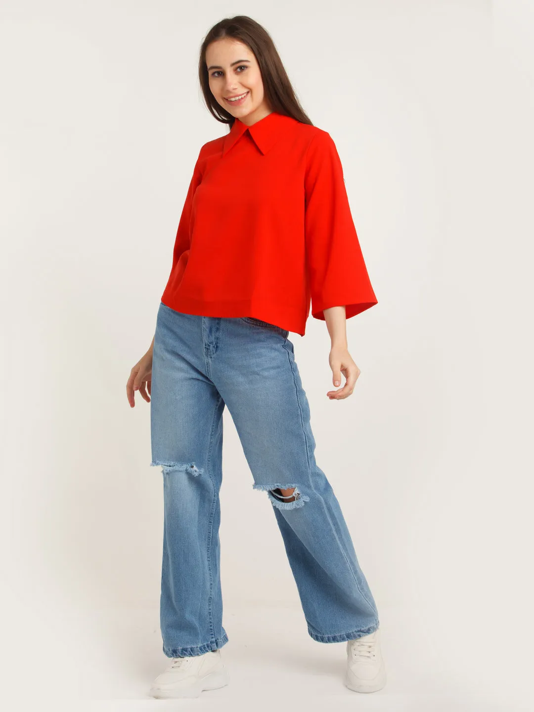 Red Solid Flared Sleeve Top