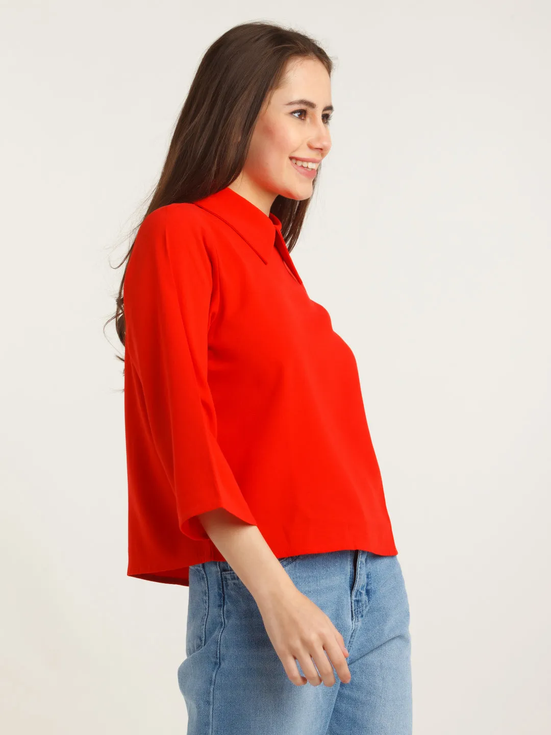 Red Solid Flared Sleeve Top