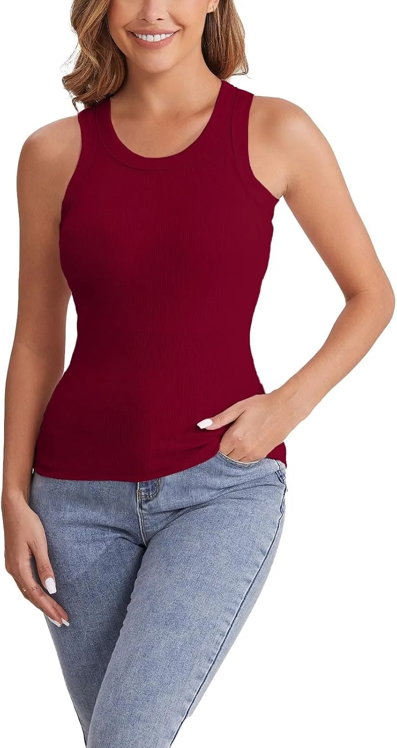 Ribbed Tank Tops for Women with Built in Bra Casual Crew Neck Sleeveless Shirts Basic Workout Camisole Tees