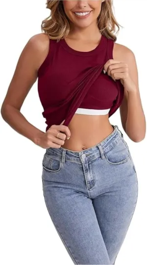 Ribbed Tank Tops for Women with Built in Bra Casual Crew Neck Sleeveless Shirts Basic Workout Camisole Tees