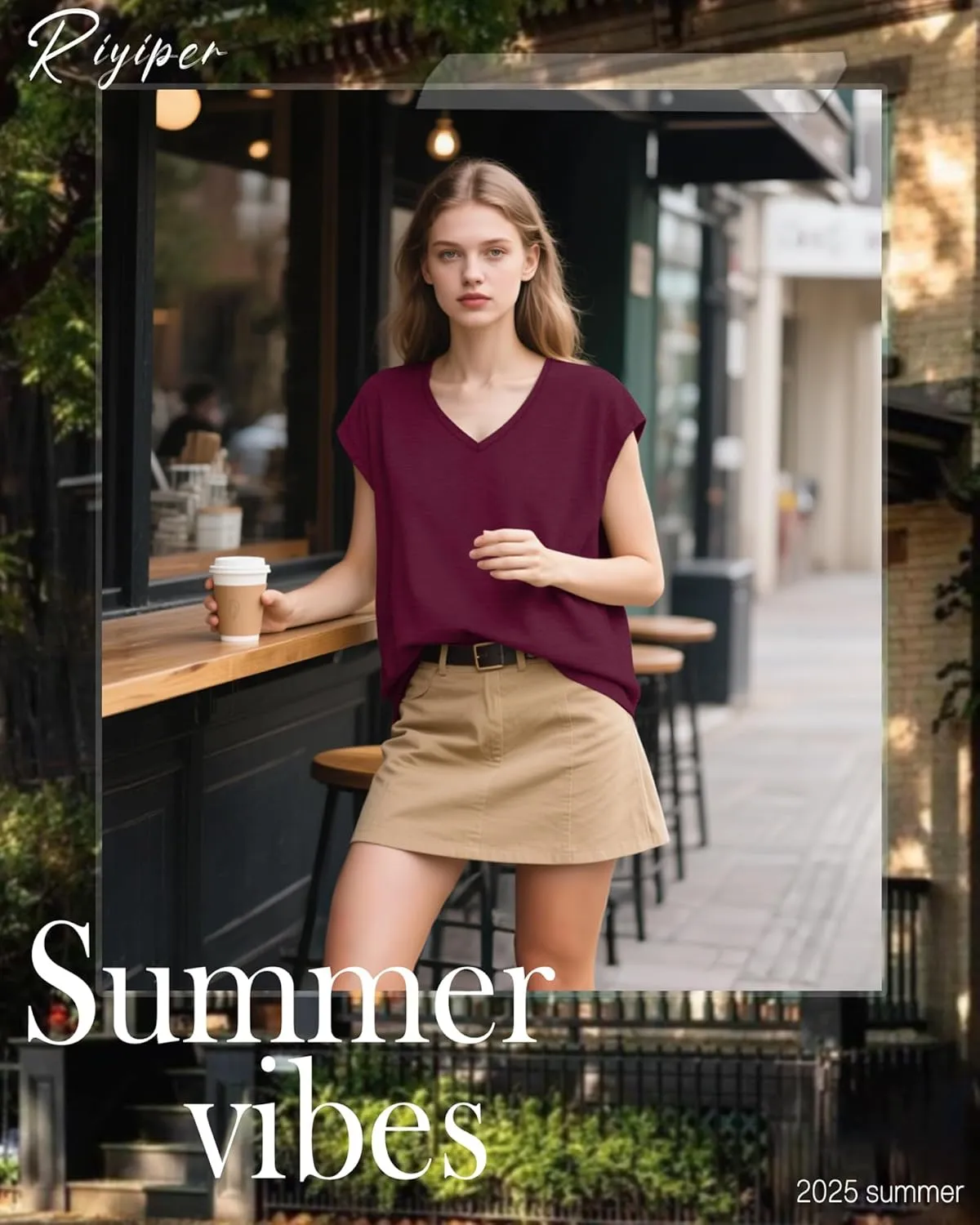 Riyiper 4 Pack Women's Cap Sleeve T-Shirts V Neck Loose Fit Cotton Tops Basic Cute Casual Summer Tees