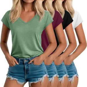 Riyiper 4 Pack Women's Cap Sleeve T-Shirts V Neck Loose Fit Cotton Tops Basic Cute Casual Summer Tees