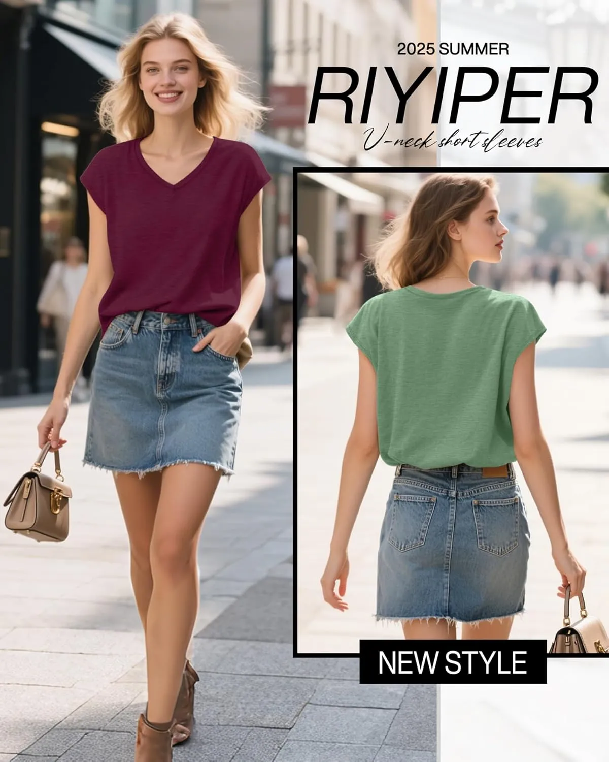 Riyiper 4 Pack Women's Cap Sleeve T-Shirts V Neck Loose Fit Cotton Tops Basic Cute Casual Summer Tees