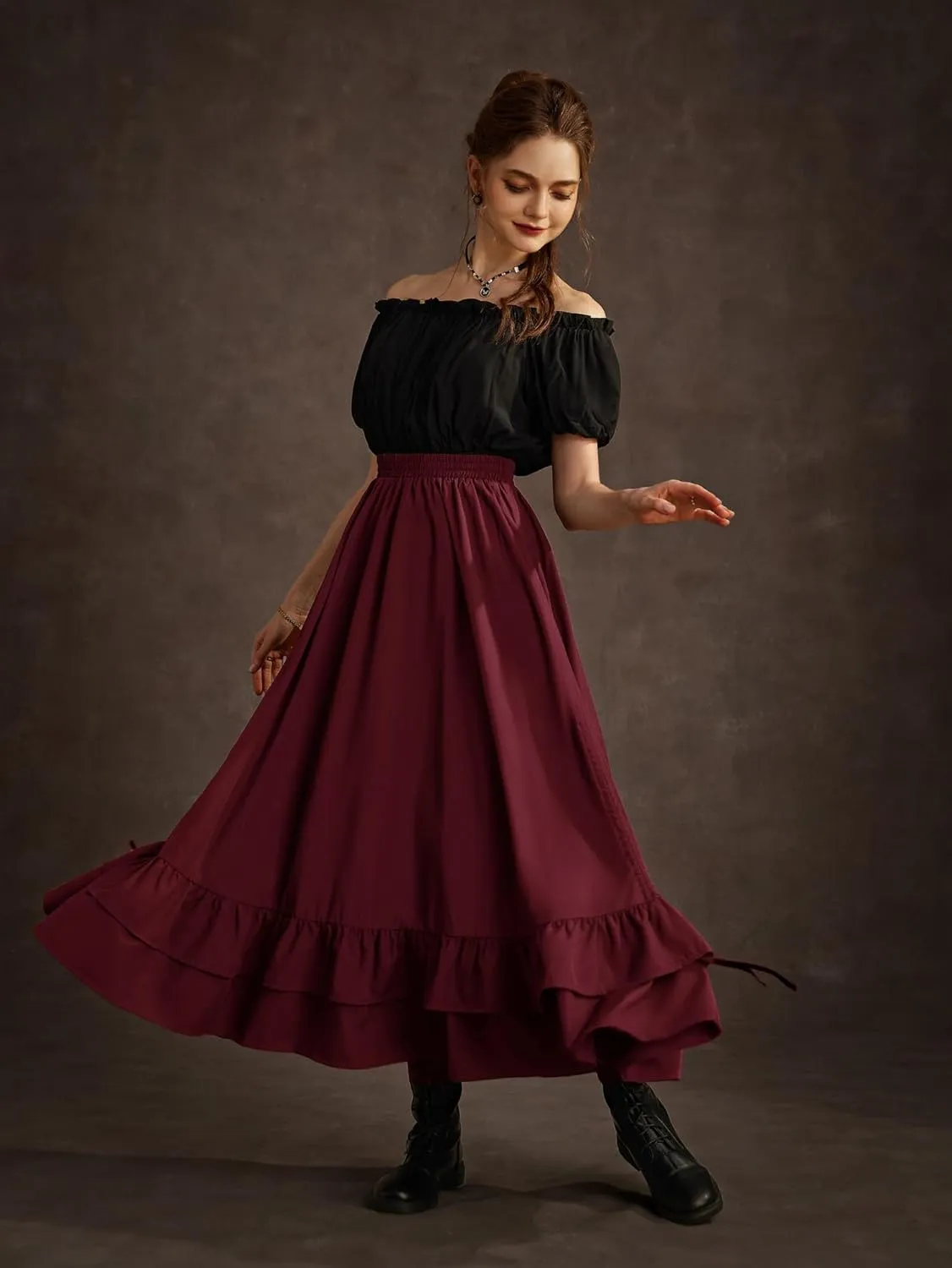 Scarlet Darkness Women Renaissance Skirt Medieval Ruffle Layered Maxi Skirts