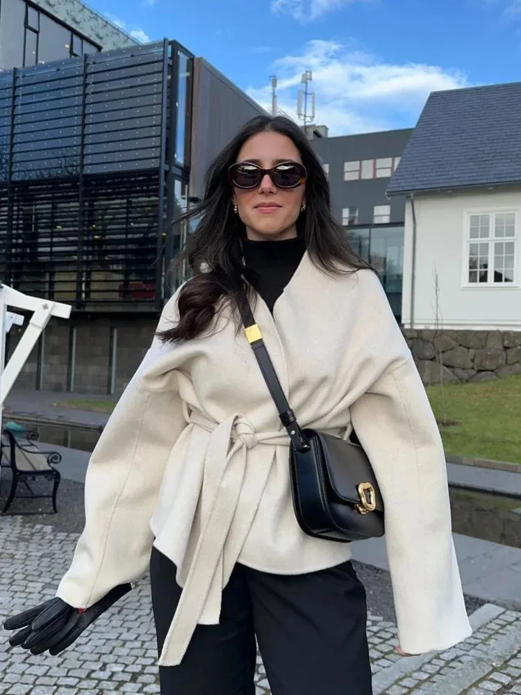 Solid Women's Woolen Coat Elegant V-neck Belts Chic Long Sleeve Jacket Casual 2024 Autumn Lady Office Street Lady Outerwear Tops