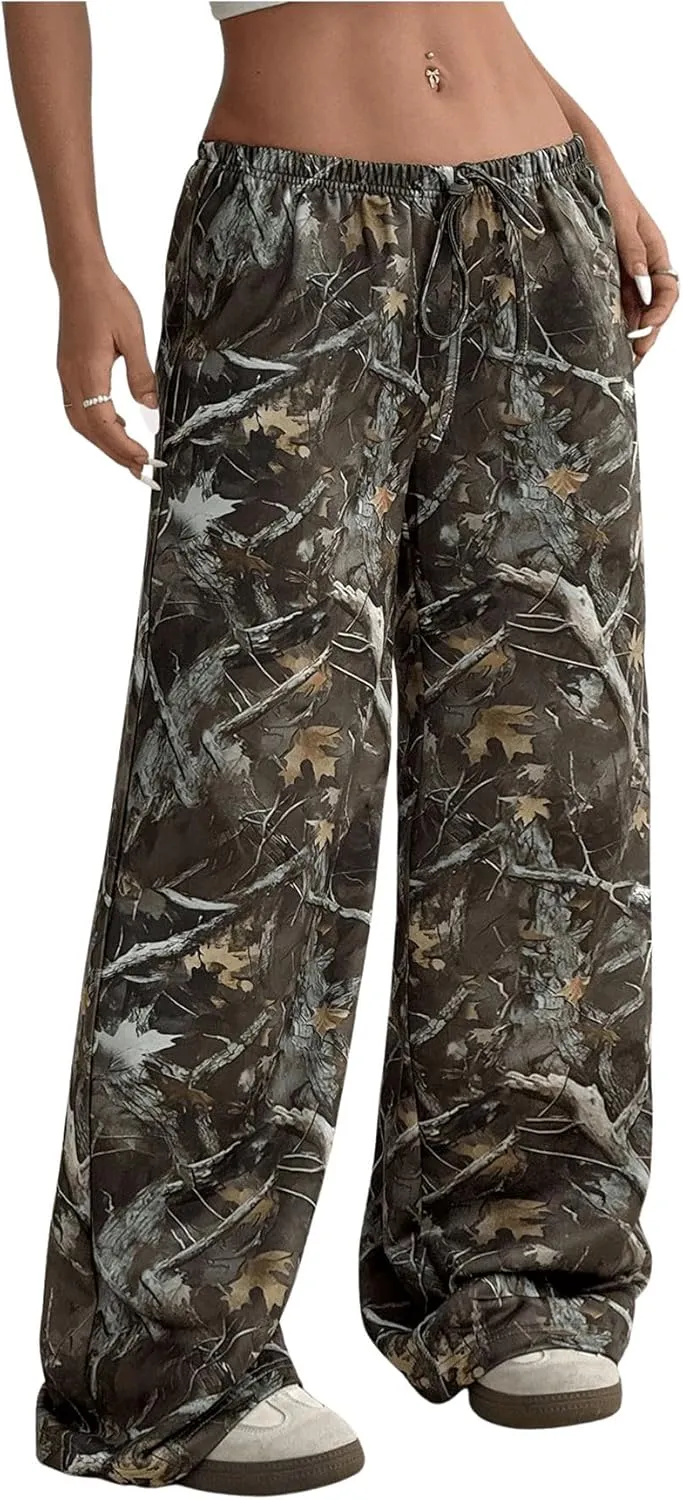 SOLY HUX Women's Camo Sweatpants Y2k Wide Leg Drawstring Baggy Pants with Pockets Streetwear