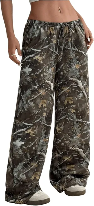 SOLY HUX Women's Camo Sweatpants Y2k Wide Leg Drawstring Baggy Pants with Pockets Streetwear