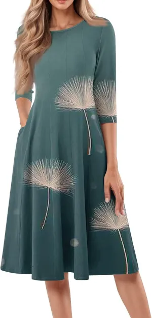 Spring Midi Dresses for Women Casual 3/4 Sleeve Dress Plus Size Cocktail Floral Dresses with Pockets