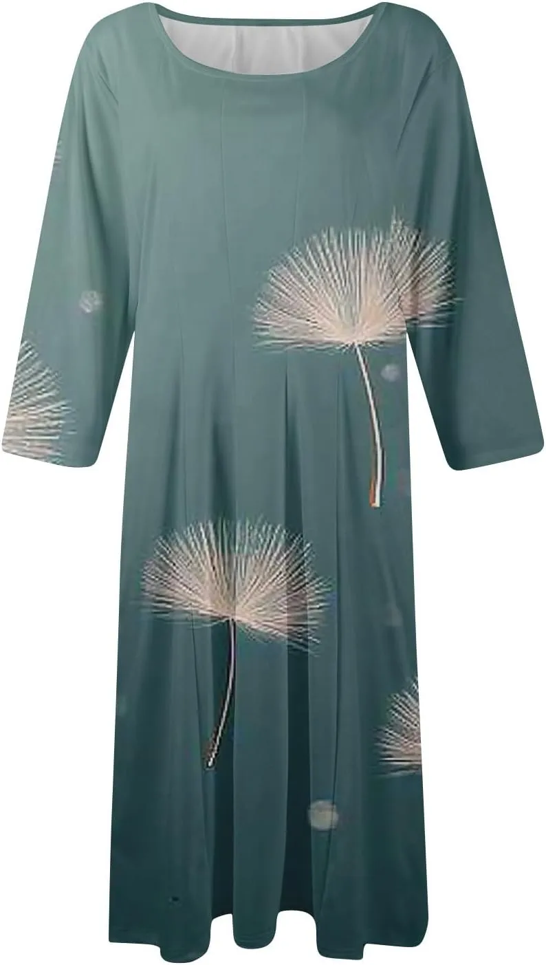 Spring Midi Dresses for Women Casual 3/4 Sleeve Dress Plus Size Cocktail Floral Dresses with Pockets