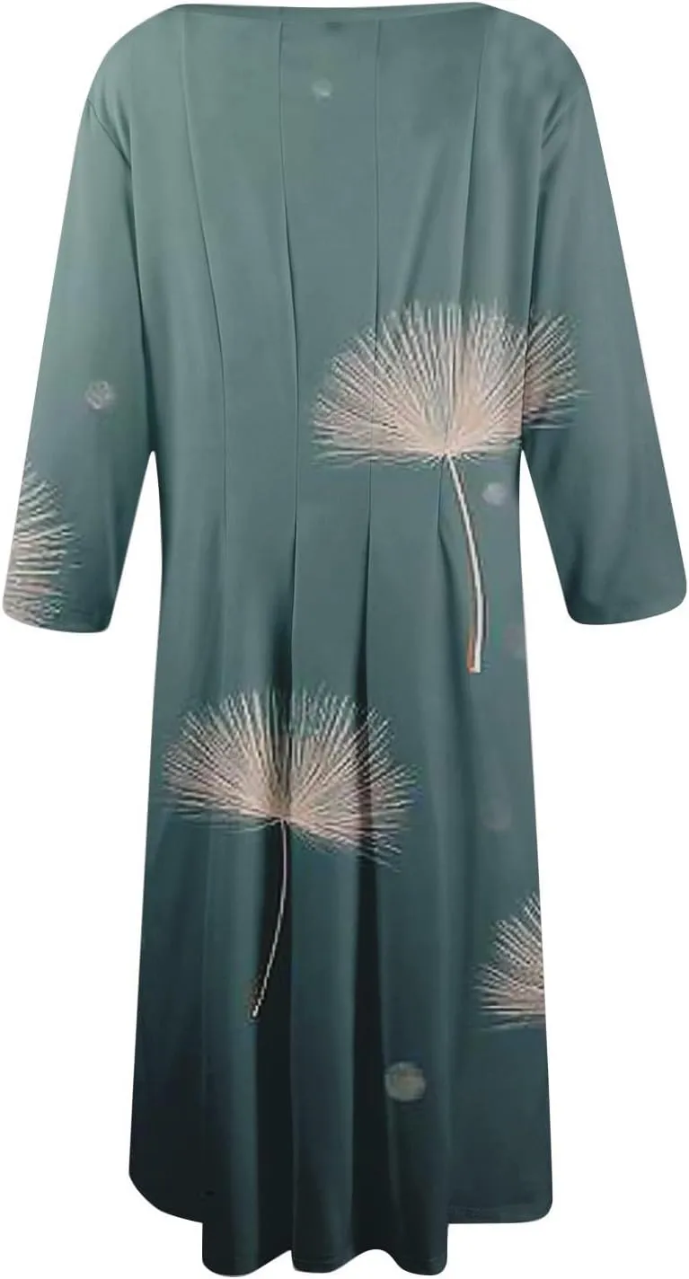 Spring Midi Dresses for Women Casual 3/4 Sleeve Dress Plus Size Cocktail Floral Dresses with Pockets