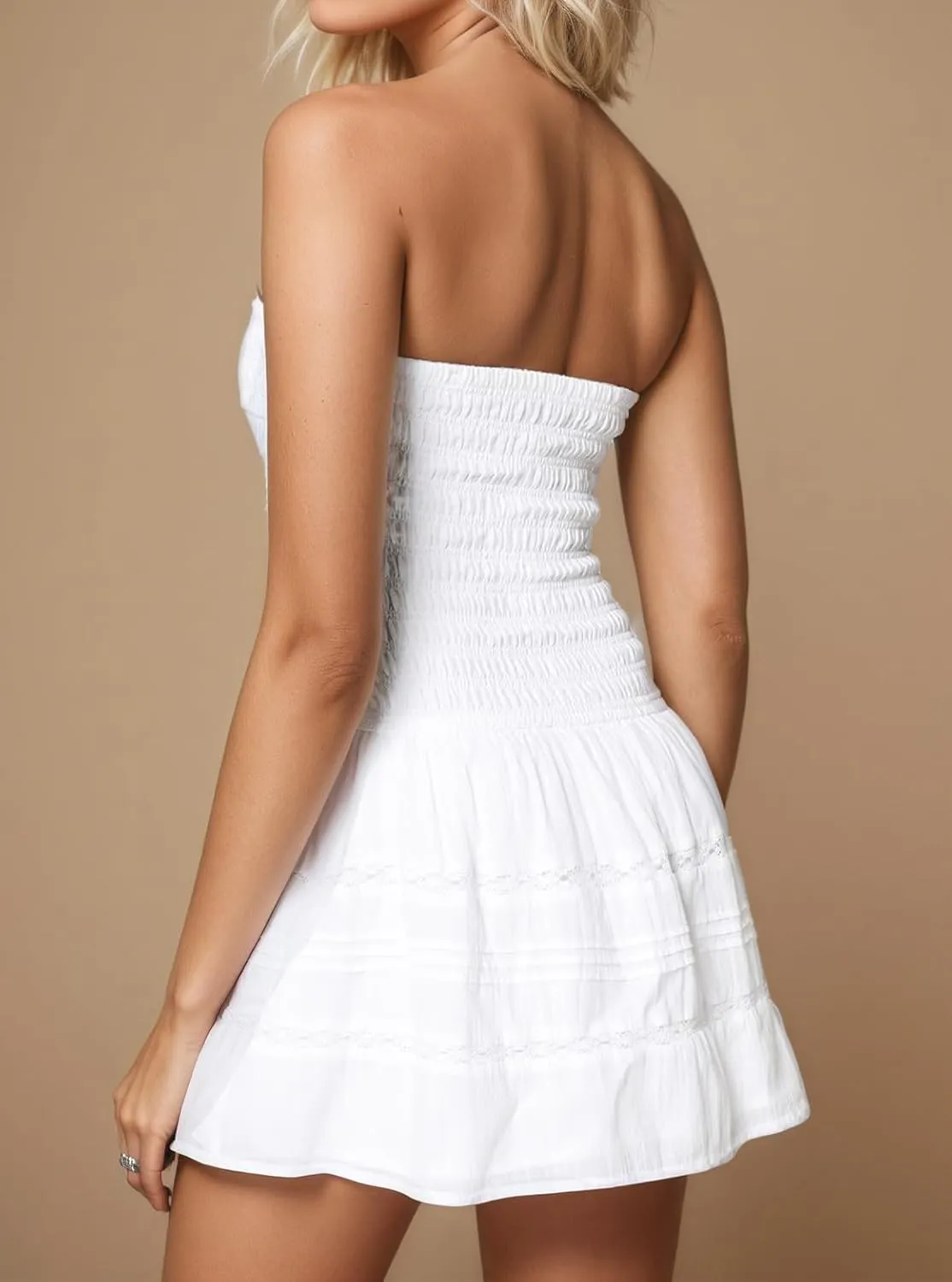 Summer Strapless Smocked Bodice Mini Dresses for Women Vacation Beach Boho Tube A-Line Dress with Pockets