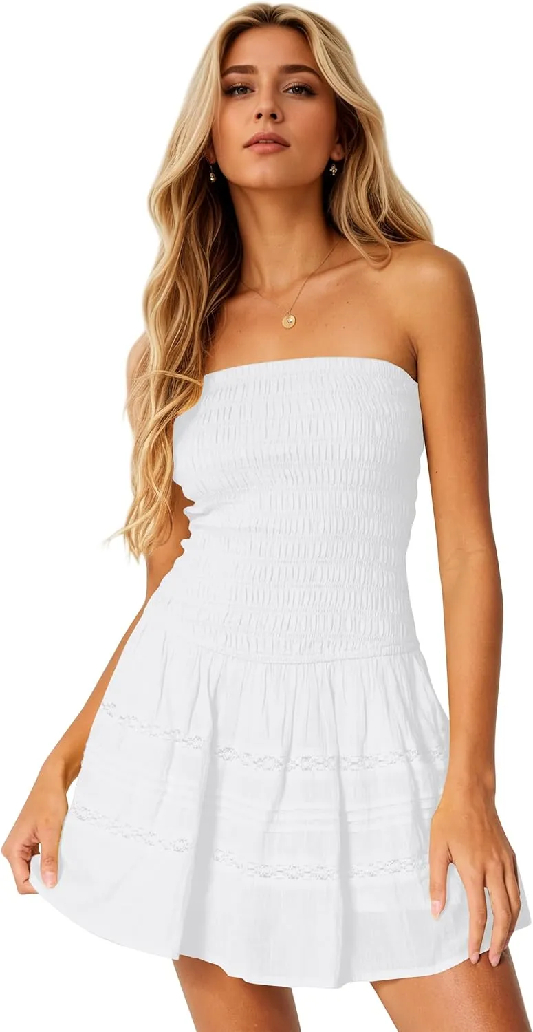 Summer Strapless Smocked Bodice Mini Dresses for Women Vacation Beach Boho Tube A-Line Dress with Pockets