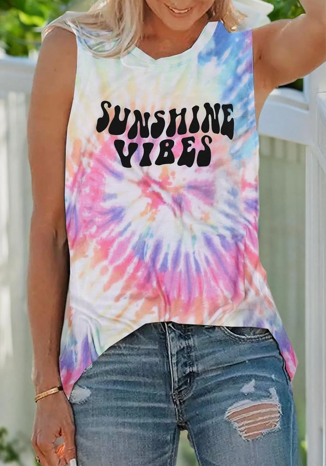 Sunshine Vibes Letter Print Vest T Shirt Women's Summer Sleeveless Graphic Tank Tops Casual Loose Workout Tees