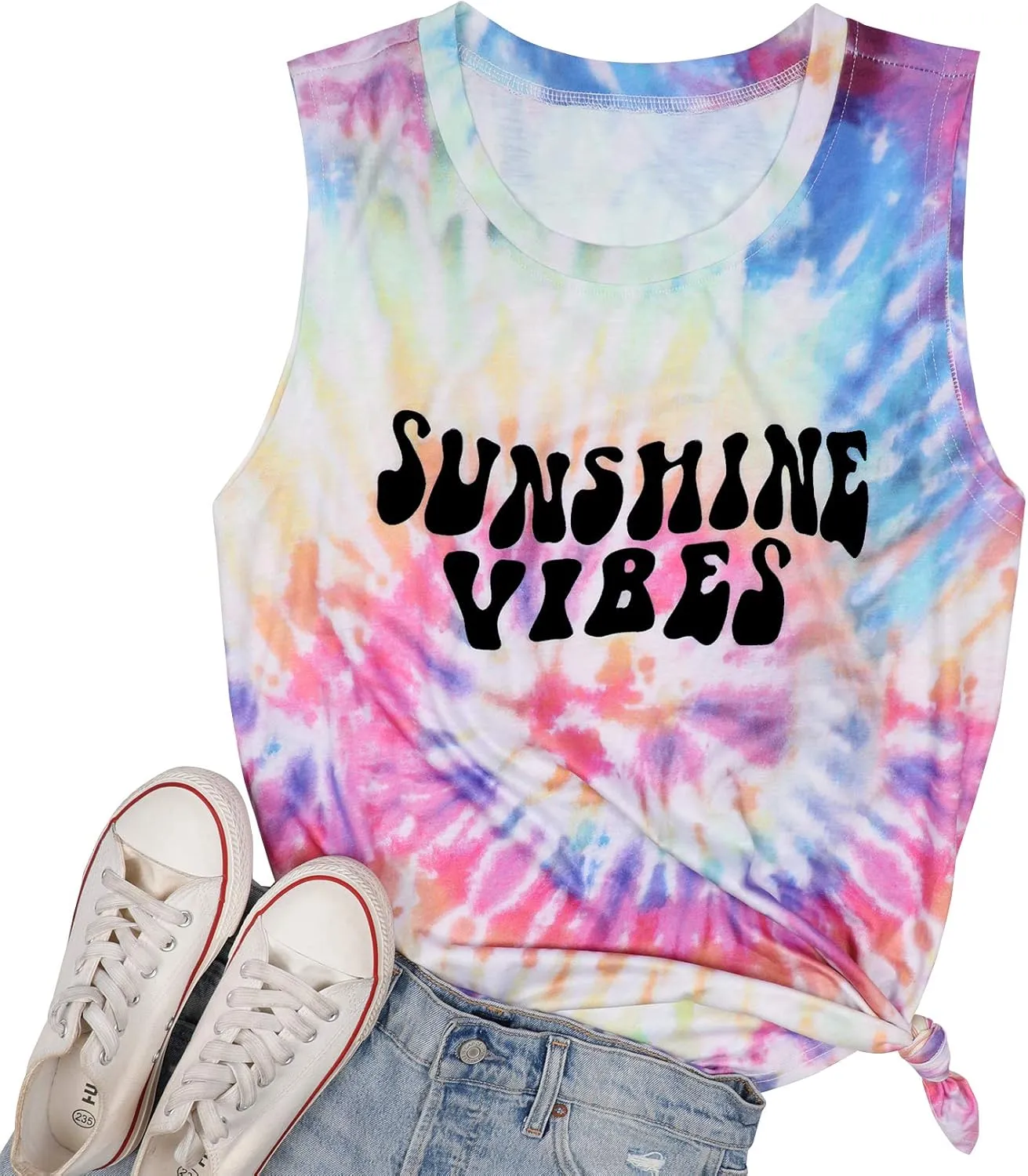 Sunshine Vibes Letter Print Vest T Shirt Women's Summer Sleeveless Graphic Tank Tops Casual Loose Workout Tees