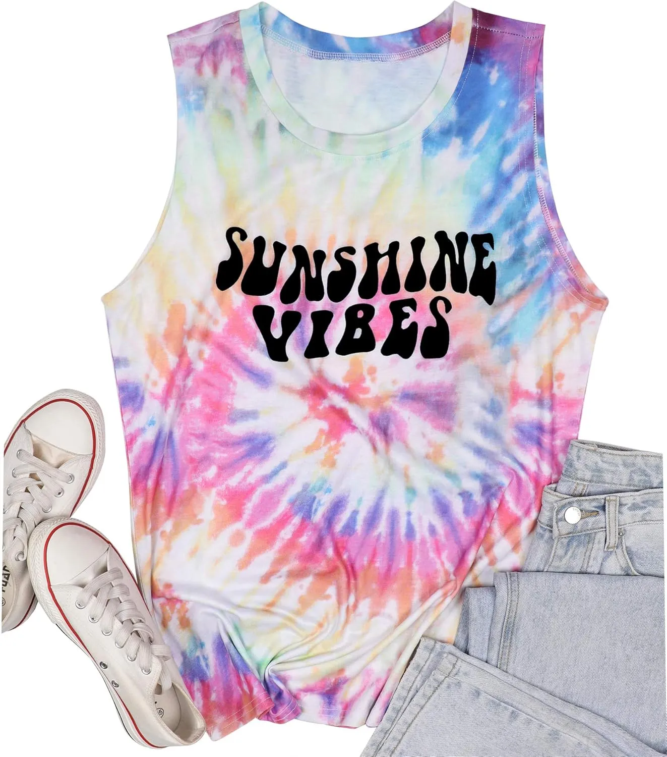 Sunshine Vibes Letter Print Vest T Shirt Women's Summer Sleeveless Graphic Tank Tops Casual Loose Workout Tees