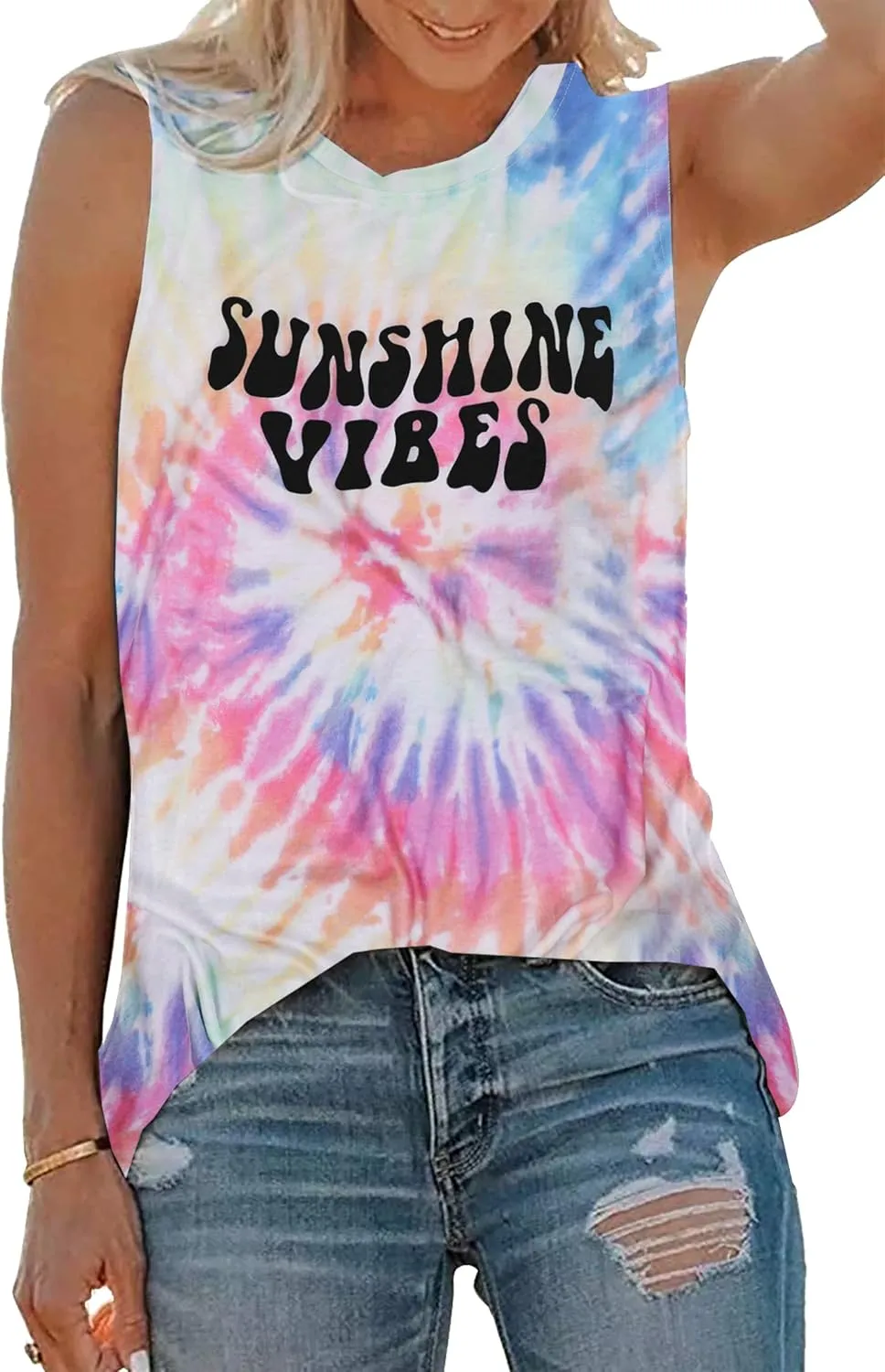 Sunshine Vibes Letter Print Vest T Shirt Women's Summer Sleeveless Graphic Tank Tops Casual Loose Workout Tees