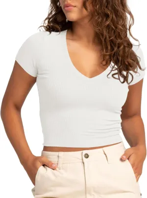 Tankaneo Womens Crop Tops Ribbed V Neck Short Sleeve Summer Basic Tees Slim Fit Y2k Shirts