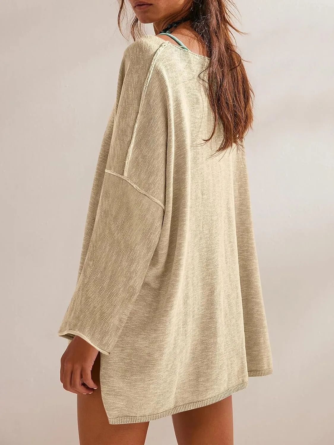 Tankaneo Womens Long Sleeve Shirts Oversized Lightweight Sweaters Crewneck Side Slit Hem Casual Blouse Tunic Tops
