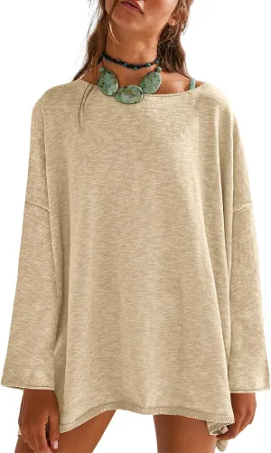 Tankaneo Womens Long Sleeve Shirts Oversized Lightweight Sweaters Crewneck Side Slit Hem Casual Blouse Tunic Tops