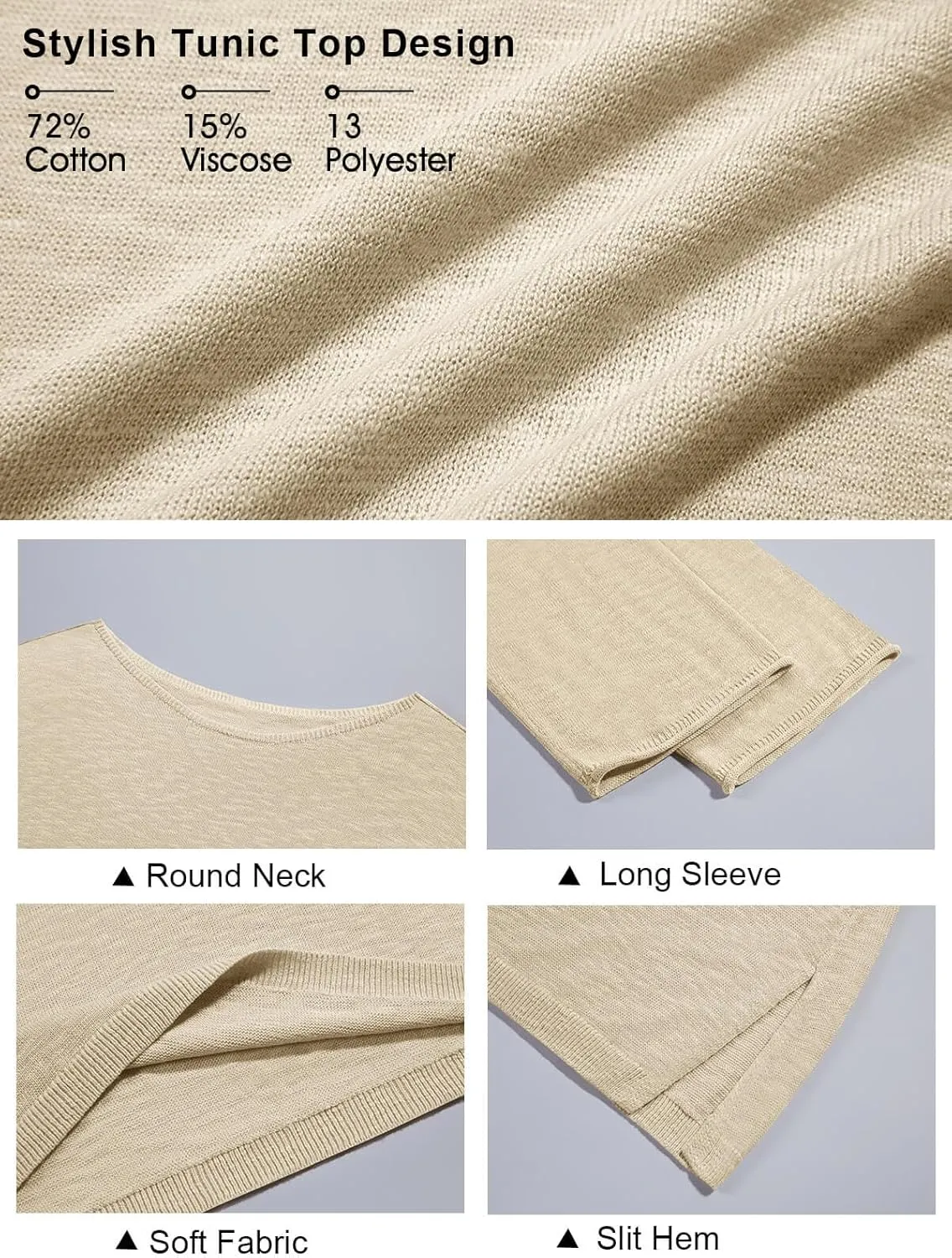 Tankaneo Womens Long Sleeve Shirts Oversized Lightweight Sweaters Crewneck Side Slit Hem Casual Blouse Tunic Tops