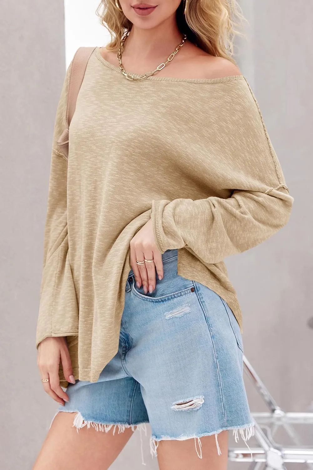 Tankaneo Womens Long Sleeve Shirts Oversized Lightweight Sweaters Crewneck Side Slit Hem Casual Blouse Tunic Tops