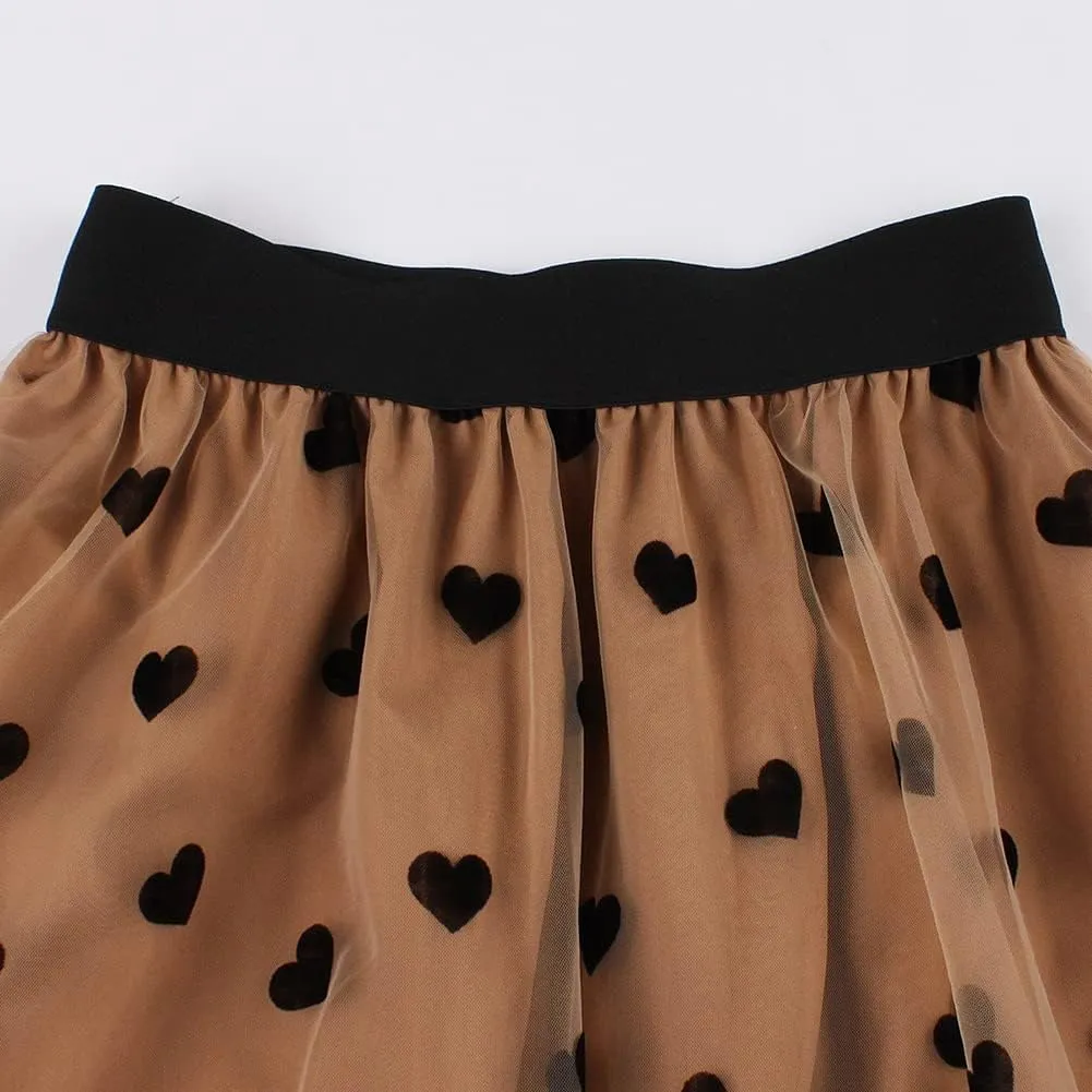 Tulle Skirts for Women Elastic High Waist Layered 3D Heart Print Double-Layered Mesh A-Line Midi Skirt