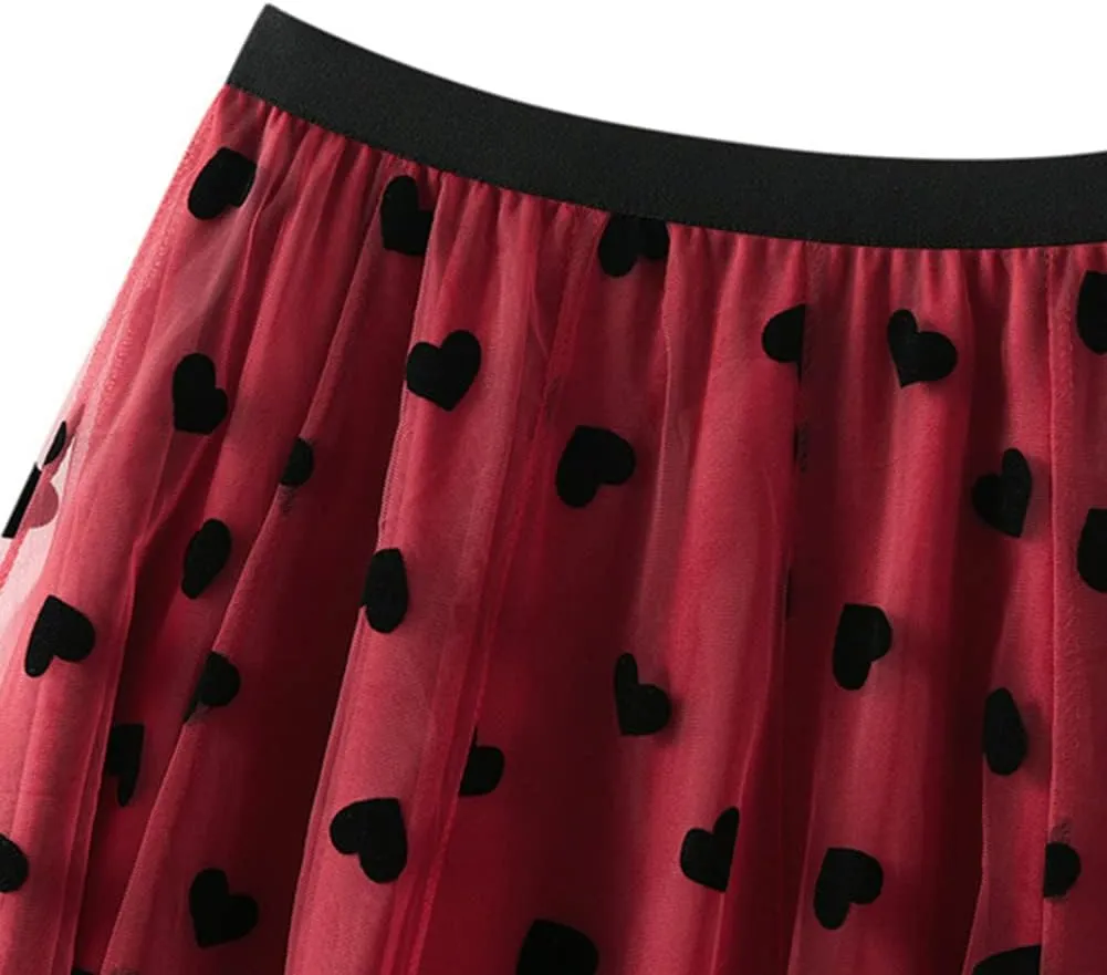 Tulle Skirts for Women Elastic High Waist Layered 3D Heart Print Double-Layered Mesh A-Line Midi Skirt