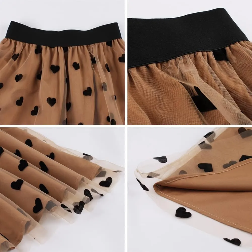 Tulle Skirts for Women Elastic High Waist Layered 3D Heart Print Double-Layered Mesh A-Line Midi Skirt